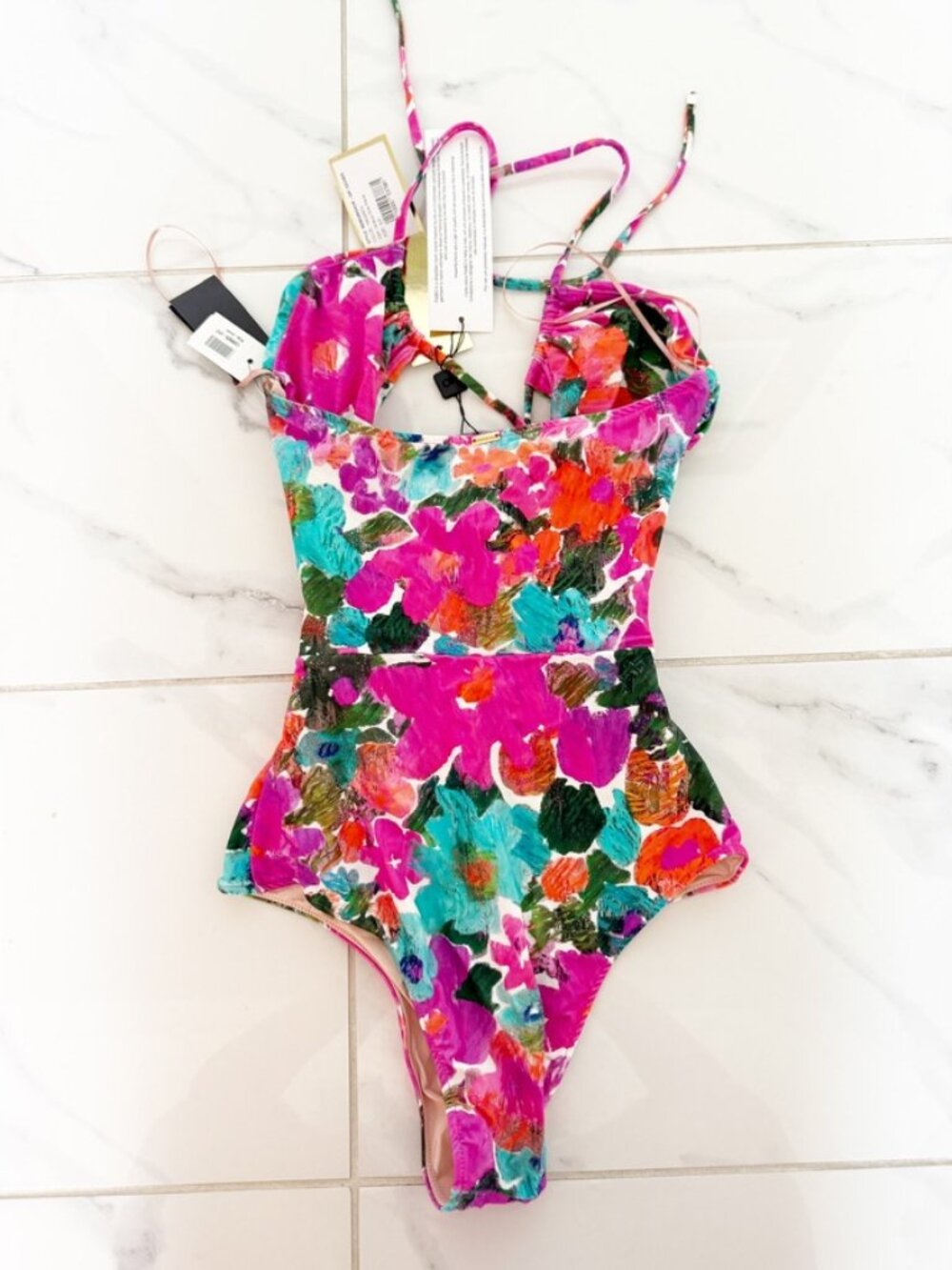 PatBO Gabi Laceup 1-Pc Cutout Floral halter beachcore resort wear swimsuit NEW - Picture 2 of 10